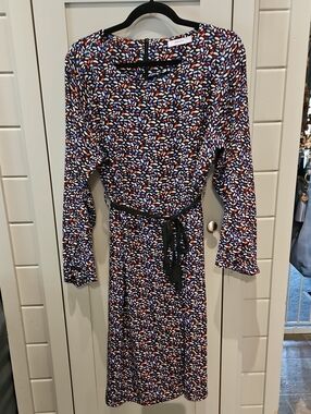 Anany BLACK Multicolor Long Sleeve Printed Midi Dress with Black Tie SZ M PTP21